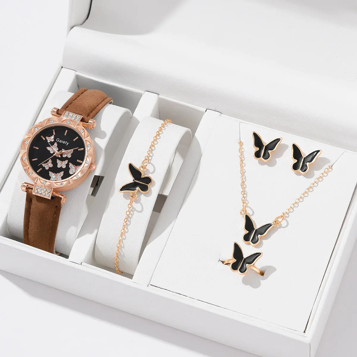 6/1pcs Set Watch for Women Cute Butterfly Crystal Rhinestone Women Watches Ring Necklace Earrings Bracelet Set (No Box) 시계