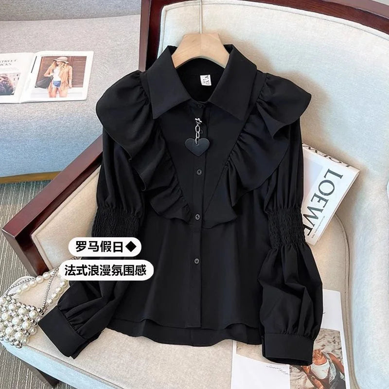 Ruffled Long Sleeved Shirt 2025 New Summer Autumn Chiffon Shirt Women's Blouse Lantern Sleeve Shirt Korean Popular Clothes ﻿