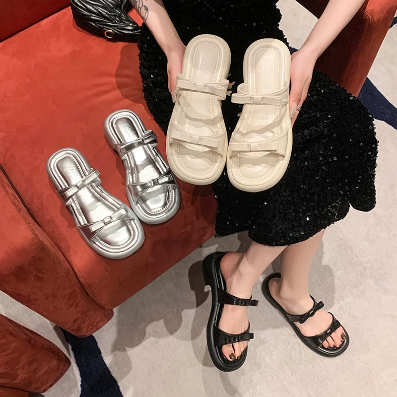 Summer Women Platform Slide Sandals Bow Decor Open Toe Non Slip Soft Sole Casual Shoes for Daily Outdoor Beach Vacation Wear