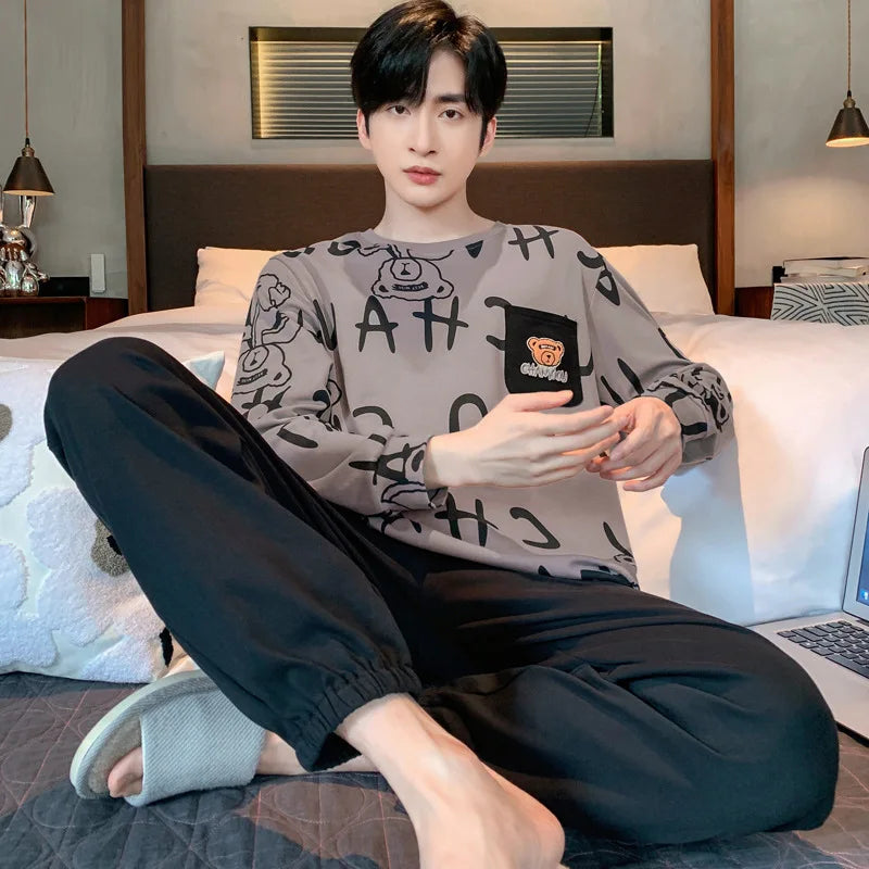 Plus Size Men Pajamas Autumn Winter Long-Sleeved Loose Leisure Cartoon Bear Striped 2PCS/Set Black O-Neck Soft Casual Loungewear