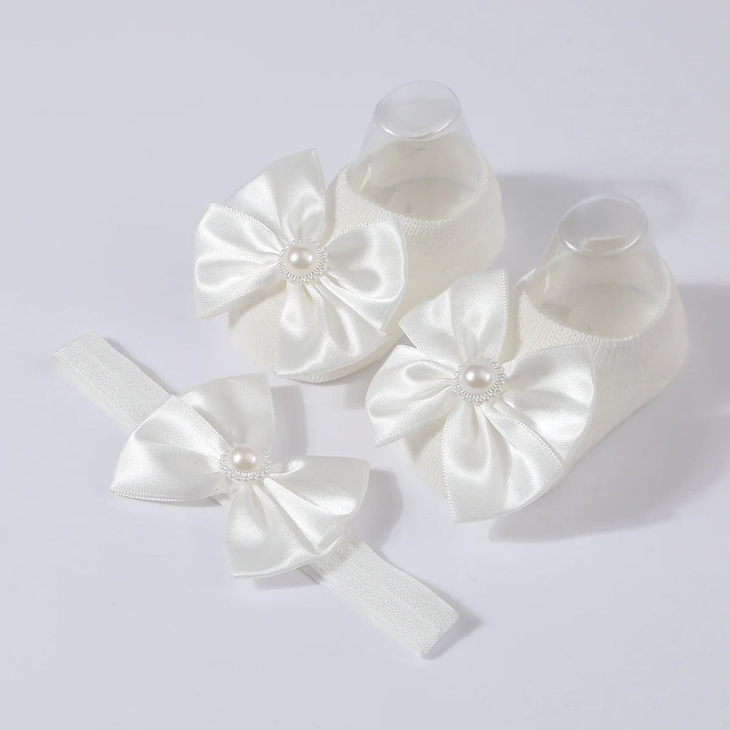1Set New Baby Pearl Bowknot Headbands Socks Newborn Toddler Soft Prewalker Sock Girl Infant Cute Knitted Cotton Hairband Socks