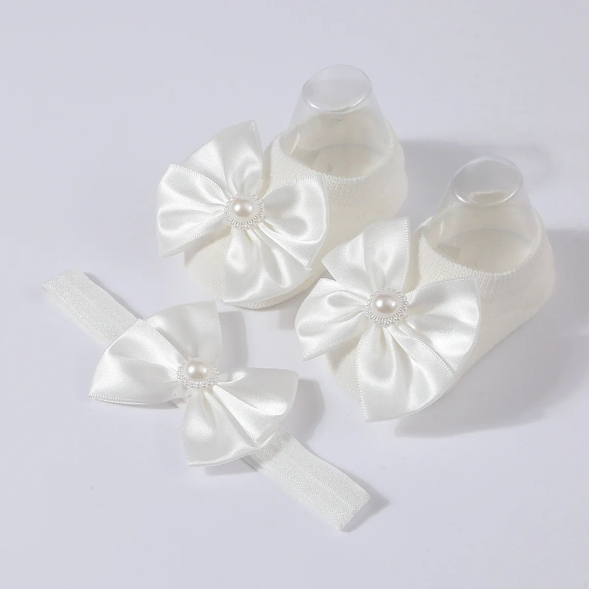 1Set New Baby Pearl Bowknot Headbands Socks Newborn Toddler Soft Prewalker Sock Girl Infant Cute Knitted Cotton Hairband Socks