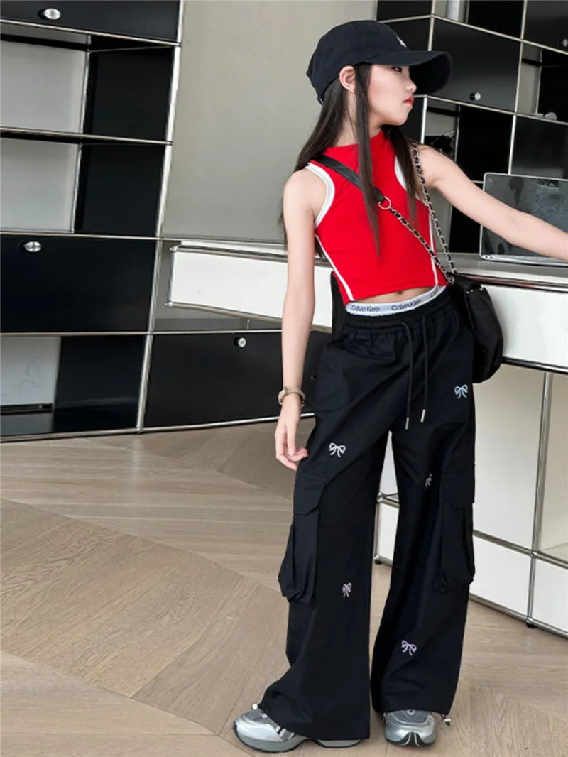 Stylish Loose-fit Cargo Pants Girls Summer Arrival Hip Hop Street Dance Trousers Teenage Streetwear Baggy Joggers Pants 5-14Y