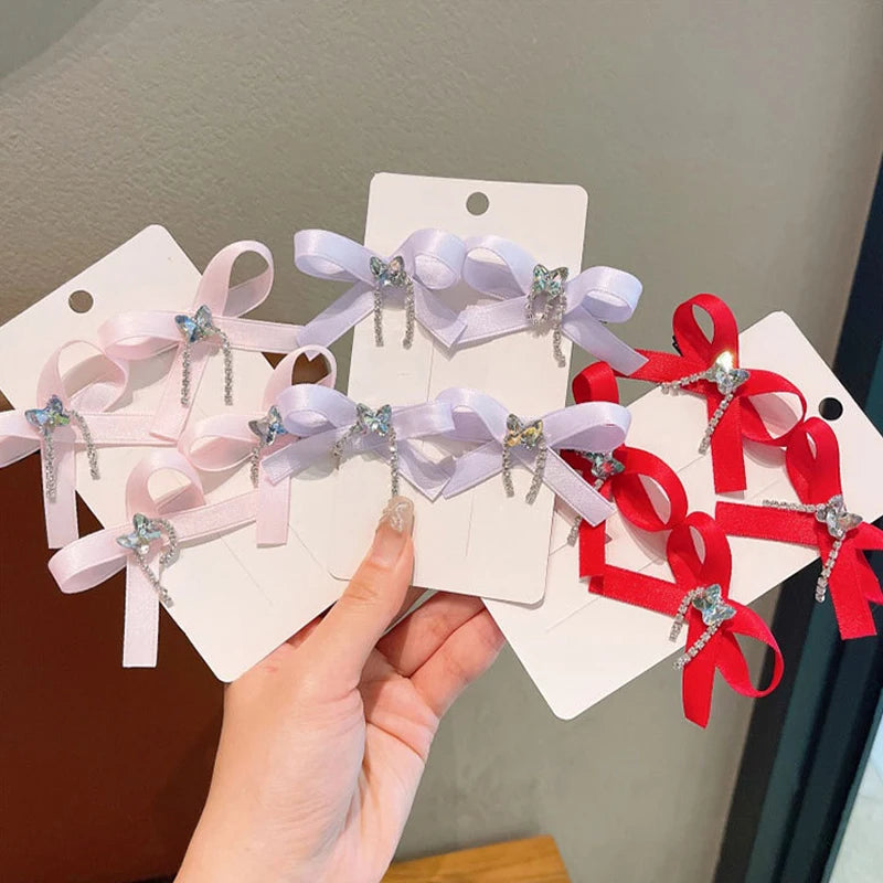 4PCS/Set Shiny Rhinestone Chains Bow Hair Clips New Sweet Girl Tassel Sided Clips Korean Barrettes Kids Headwear Hair Accessory