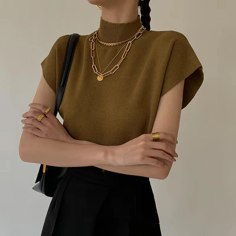 Fashion Stand-up Collar Slim Women Knitted Vest Loose Solid Elegant Straight Tops Short Sleeve Office Lady T Shirt Loose Shirt