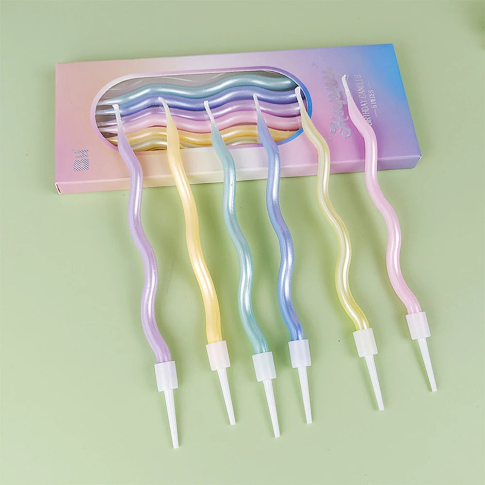 Six Birthday Candles In Various Colors, Including Curved, Rotating, Spiral Cakes, For Baking