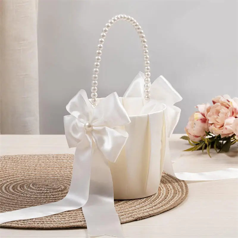 1-2pcs Pearl Handle Flower Basket Satin White Western Rustic Bowknot Wedding Basket Foldable Flower Basket For Floral Petals