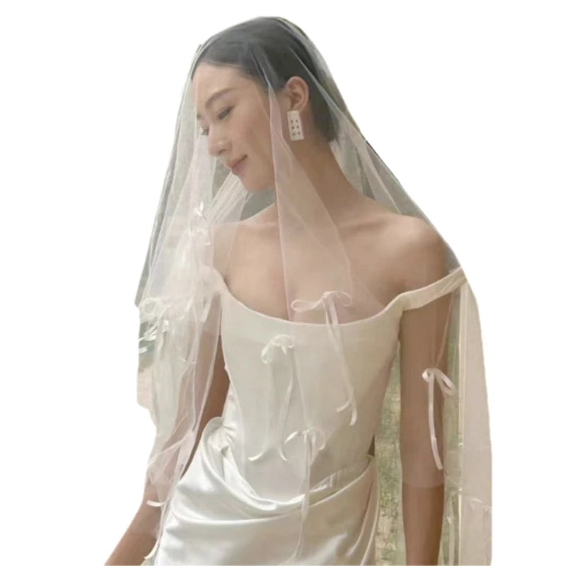 Bride Veil Studded Bowknot Beaded Head Covering Wedding Hair Covering White Wedding Veil Headscarf Short Veil DropShip