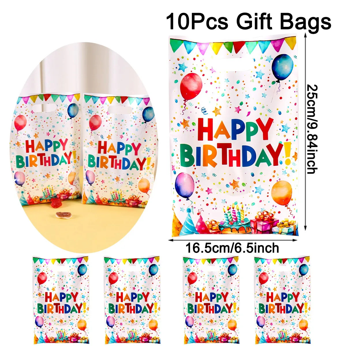 10/20/50pcs Happy Birthday Gift Bags Colorful Party Favor Bags Plastic Tote Bags for Kids Adults Happy Birthday Party Decoration