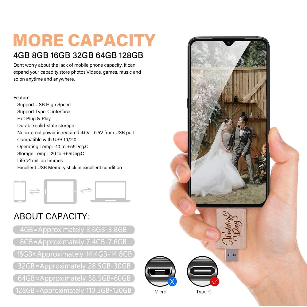 JASTER Wooden TYPE-C USB 2.0 Flash Drive 128GB Pen Drive Free Logo Creative Business Gift U Disk 64GB with Box 32GB Memory Stick