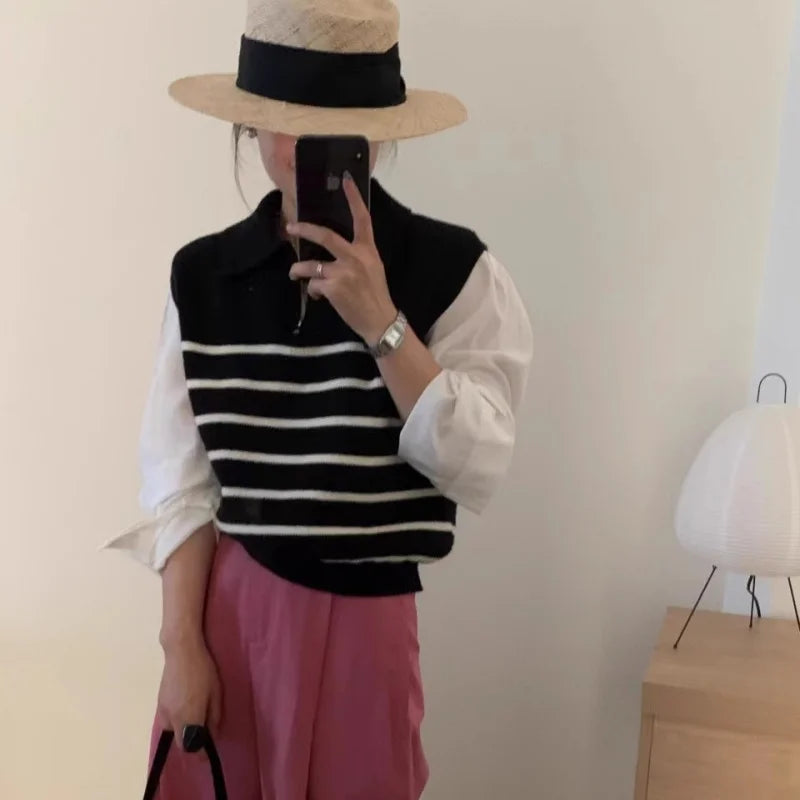 Retro lapel zipper stripe knitted waistcoat women Autumn Winter Korean fashion sleeveless sweaters casual simple pullover vest