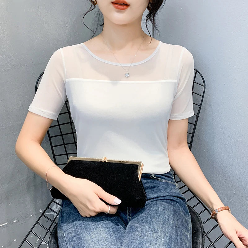 Summer New round Ne ort Sve Me Base irt Sexy Dance Inner Wear Slimming  Color Top Thin T-irt Casual Sle