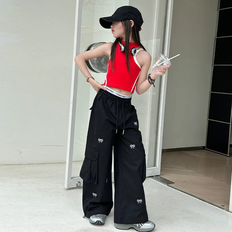 Stylish Loose-fit Cargo Pants Girls Summer Arrival Hip Hop Street Dance Trousers Teenage Streetwear Baggy Joggers Pants 5-14Y