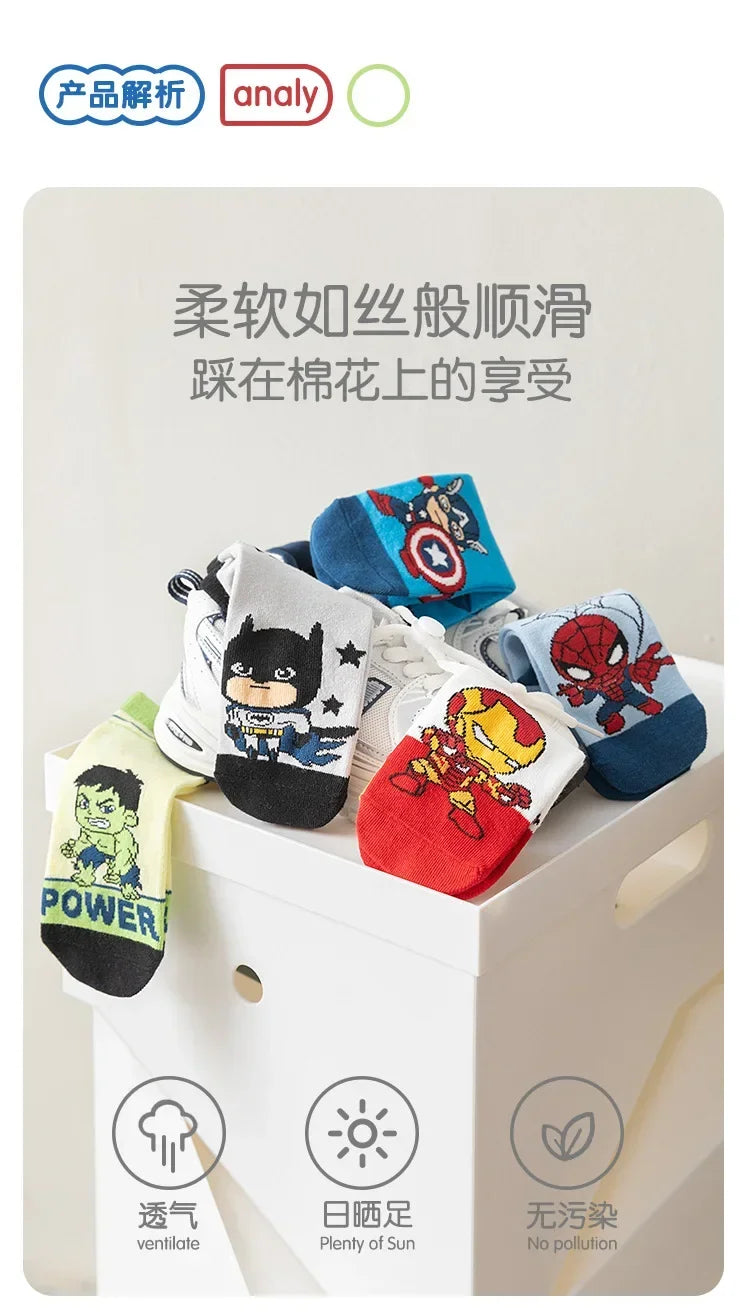 5 Pairs Spiderman Cotton Children's Socks iron Man Hulk Thor Anime kids Boys Short Socks Cartoon Baby Spring Summer Short Socks