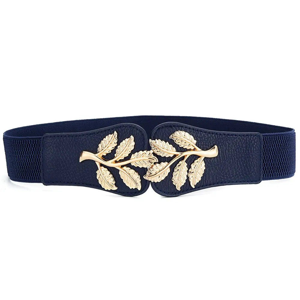 Women's Waist Cover Fashionable Gold Leaf Elastic Waist Closure With Double Hook Buckle Wide Belt Paired With Skirt Women Belt