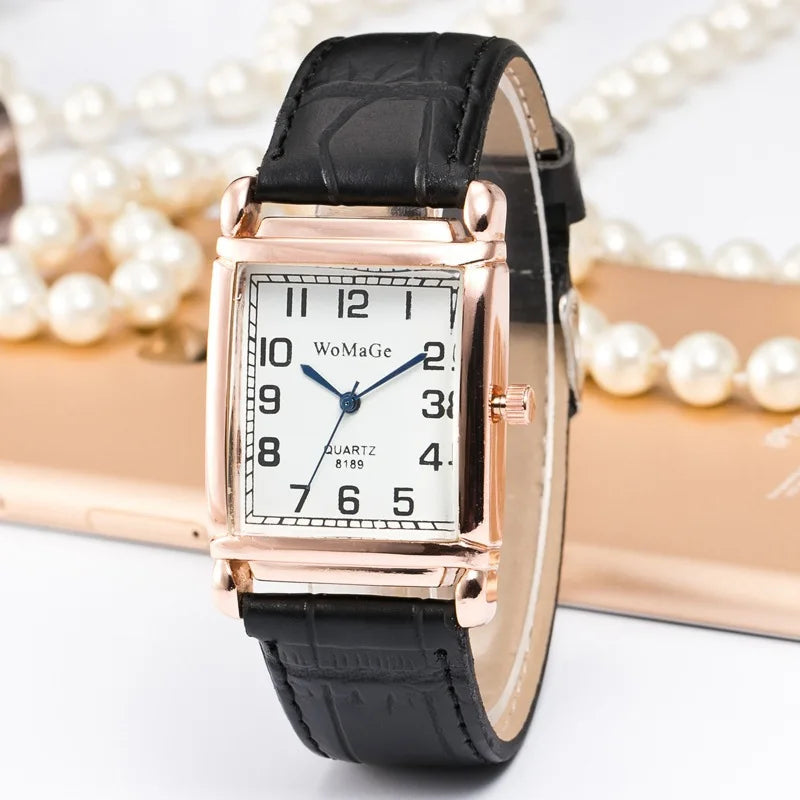 Fashion Women Watches Luxury Metal Rose Gold Square Ladies Quartz Wristwatch Rectangle Red Leather Female Clock