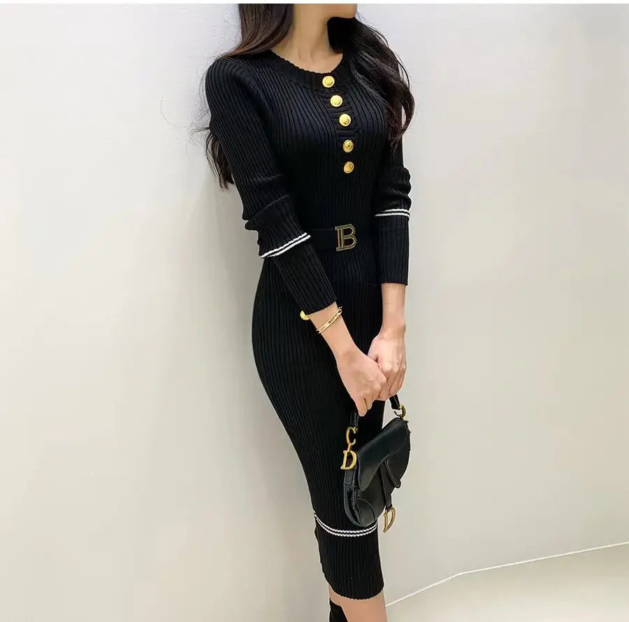 French style celebrity temperament slim feeling autumn winter new round collar fragrance wind slim bottom wrap hip dress