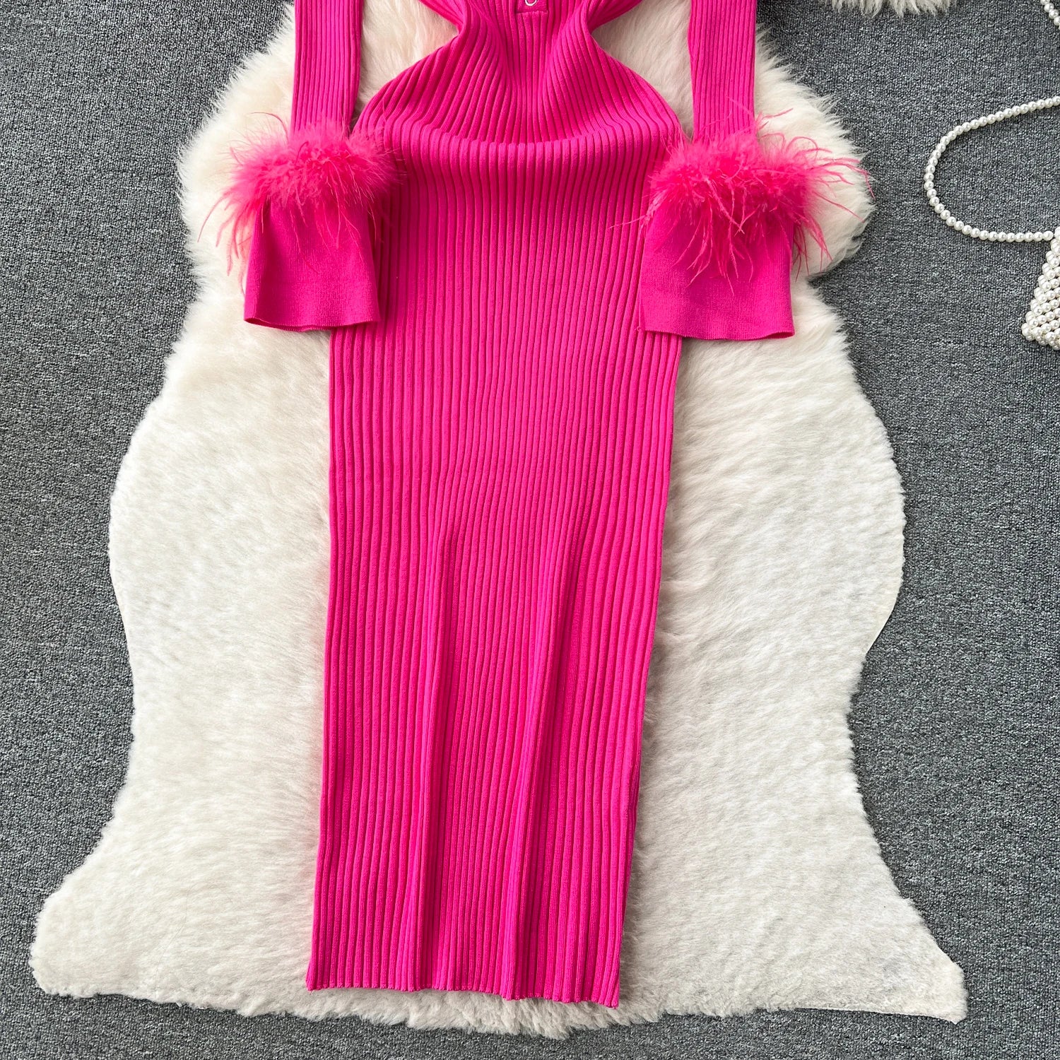 YuooMuoo Women Dress 2025 Autumn Winter Elegant Fur Long Sleeve Knitted Sweater Dress Chic Lady Wrap Hips Bodycon Long Vestidos