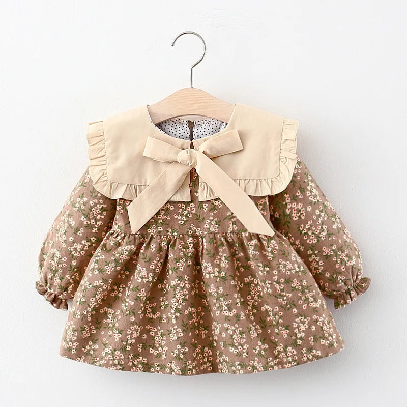 Girls' Autumn New Dress Children's Solid Large Polo Neck Long Sleeve Princess Dress Girls' Bow Spring and Autumn Dress
