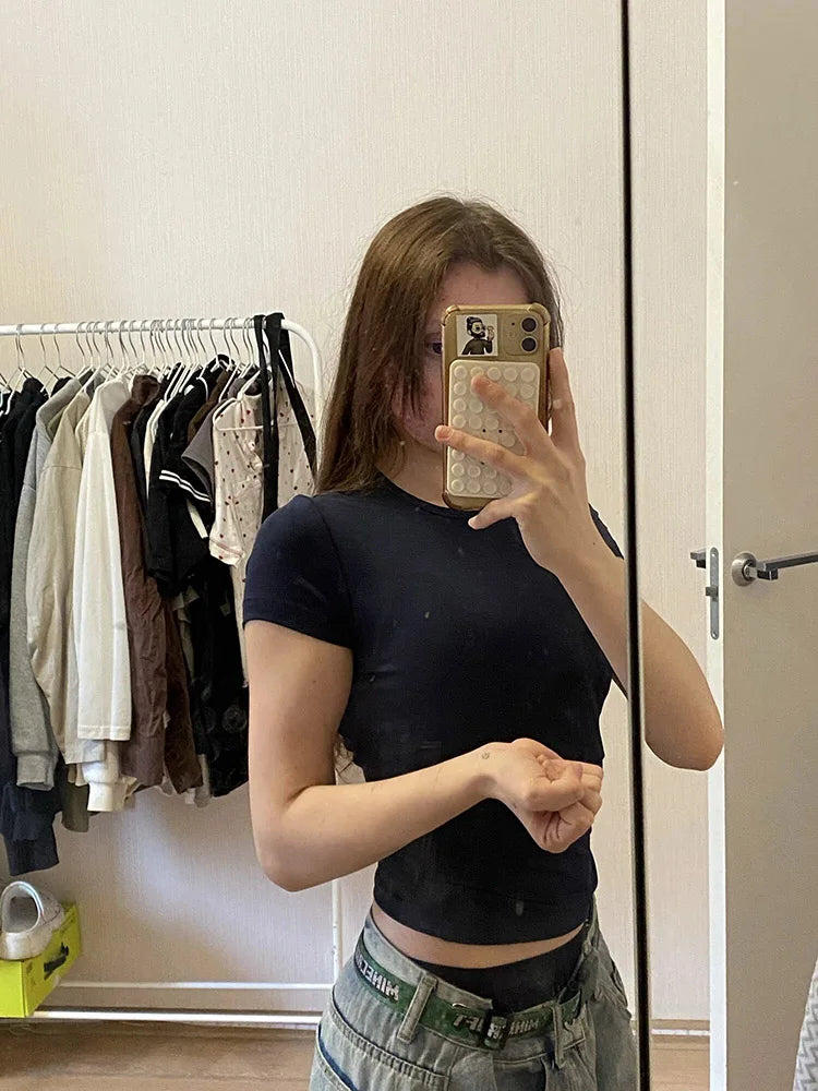 Women's Basic Solid Crop Top Short Sleeve Crewneck Skinny T-shirt Summer Casual Y2K Vintage Harajuku Streetwear