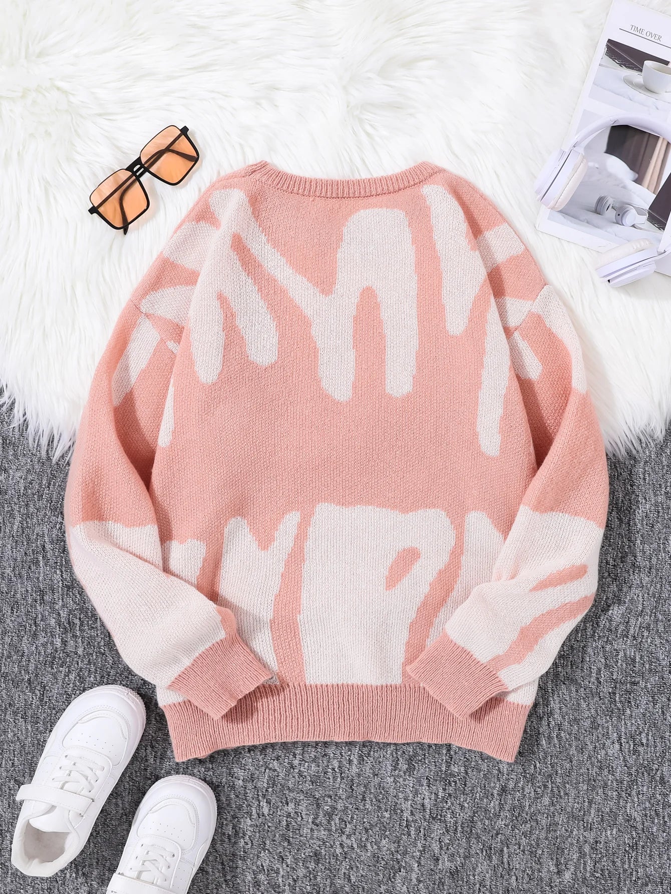 New Popular Autumn Winter Irregular Jacquard Pattern Pullover Sweater Casual Round Neck Contrast Color Knitted Men's Pullover