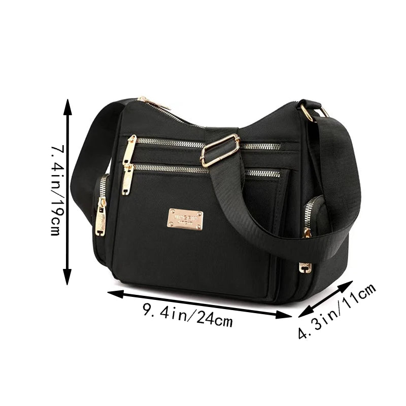Women's handbag in various colors, multi-layered with zippers, can be worn diagonally or carried on the shoulder.