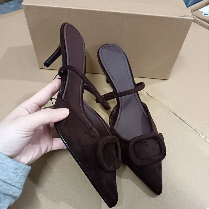 2025 High Heels Women Mules Shoes Elegant Brown Suede Pointed Toe Retro Summer Office Female Slingback Designer Modern Sandals