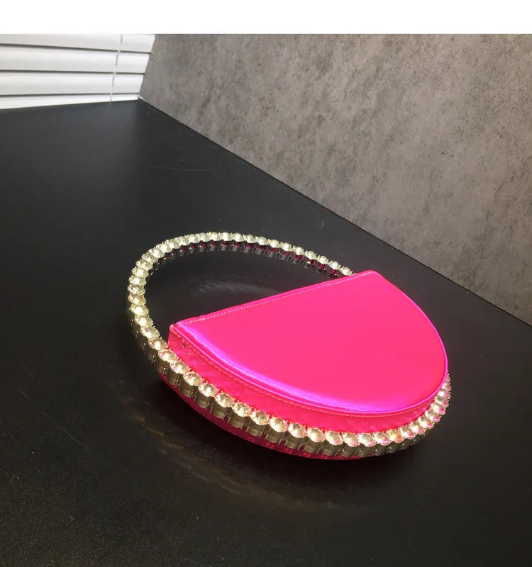 Lady Blue/Pink Diamond Circular Evening Bag Women Fushia Round Handle Rhinestone Dinner Clutch Purse Ladies Half Moon Handbags