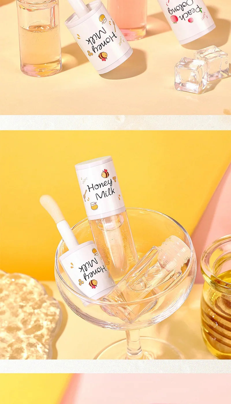 Peach Milk Honey Lip Oil Relieves Dry Moisturizing Lip Gloss Fades Lip Lines Water Light Lips Big Brush Head Cute