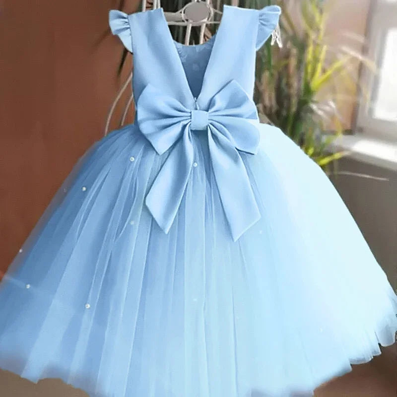 Toddler Girl Flower Birthday Tulle Dress Backless Bow Wedding Gown Kids Party Wear Princess Pink Outfit Baby Girls Bowknot Dress