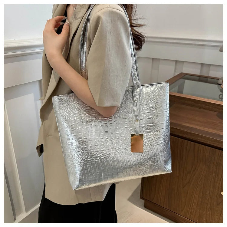 Fashion Casual Women Shoulder Bags Silver Gold Black Crocodile Handbag PU Leather Female Big Tote Bag Ladies Shopping Bag