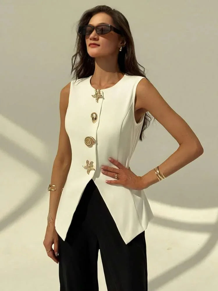 Loose Artistic Women's Vest 2025 New Style British Style V-Neck Versatile Waist-Cinching Top Polyester Fiber Outerwear