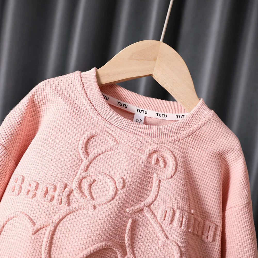 Spring Autumn Baby and Girls Cartoon Embossed Drawstring Sweatshirt+Sweatpant Kids 2PCS Tracksuit Child Outfit Jogger Set 1-9 Yr