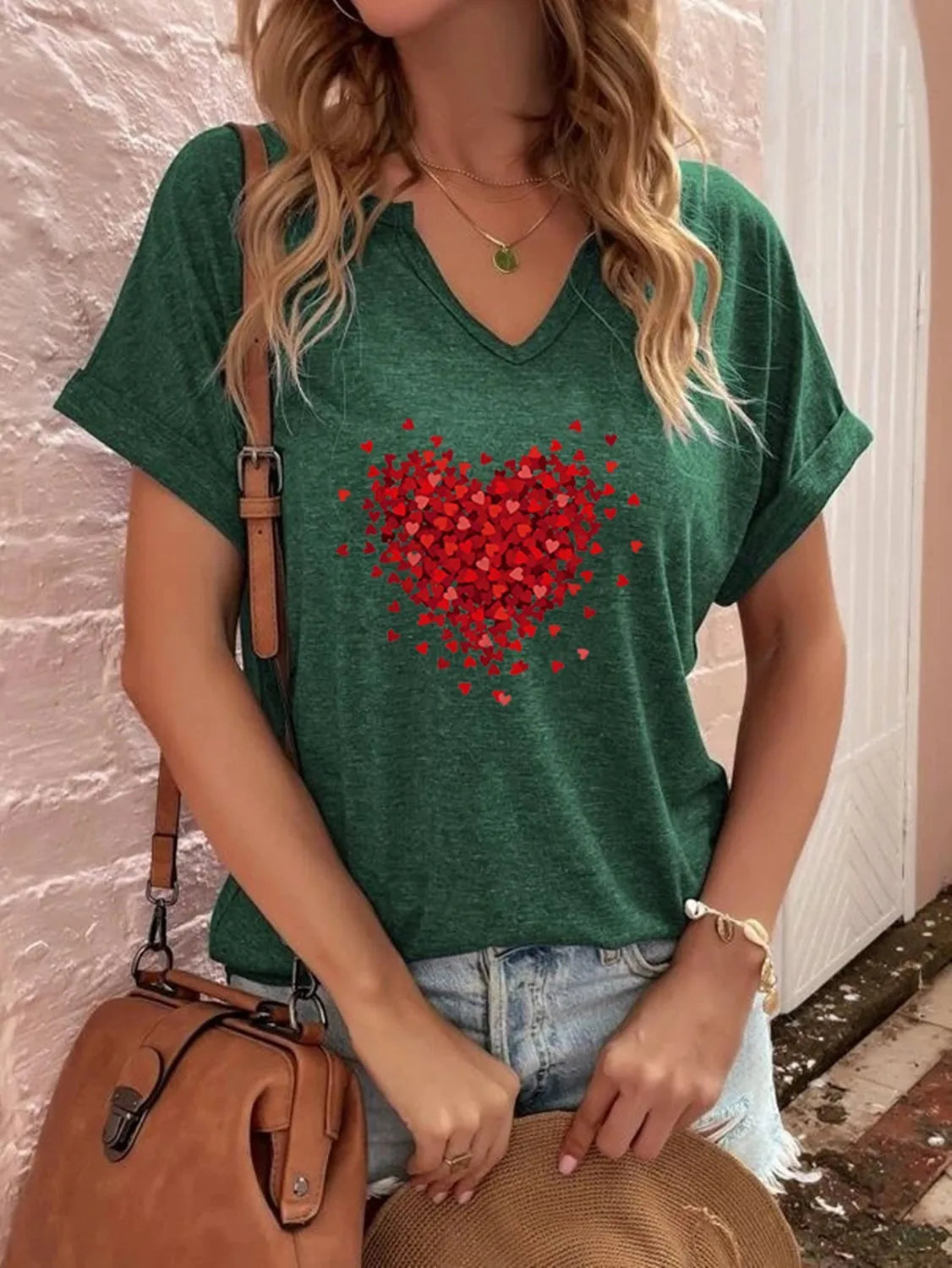 1PC Milk Silk European Style Women's Red Love Print V-neck T-shirt Blouse Short Sleeve