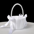 Wedding White Satin Bow Flower basket Flower Carrying basket with pearl handle suitable for bridesmaids and flower girls