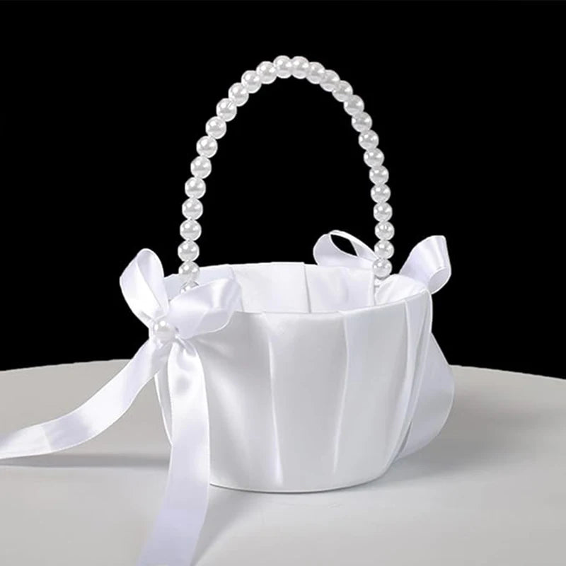Wedding White Satin Bow Flower basket Flower Carrying basket with pearl handle suitable for bridesmaids and flower girls