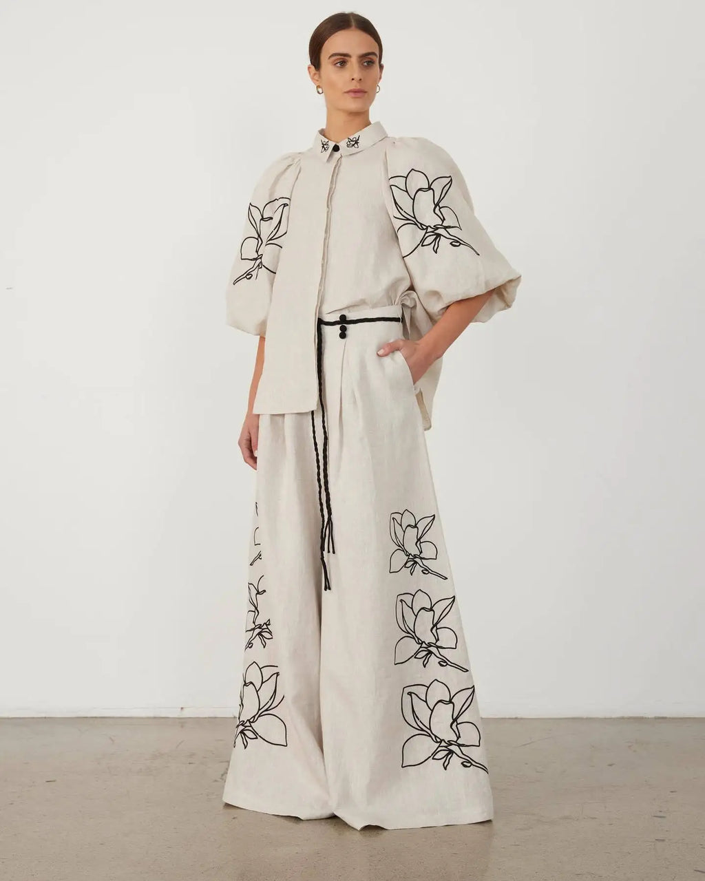 Women Lounge Sets Cotton Linen Stand Collar Lantern Sleeve Loose Flower Tops Wide Leg Oversize Pants Suit Casual Women Outfits