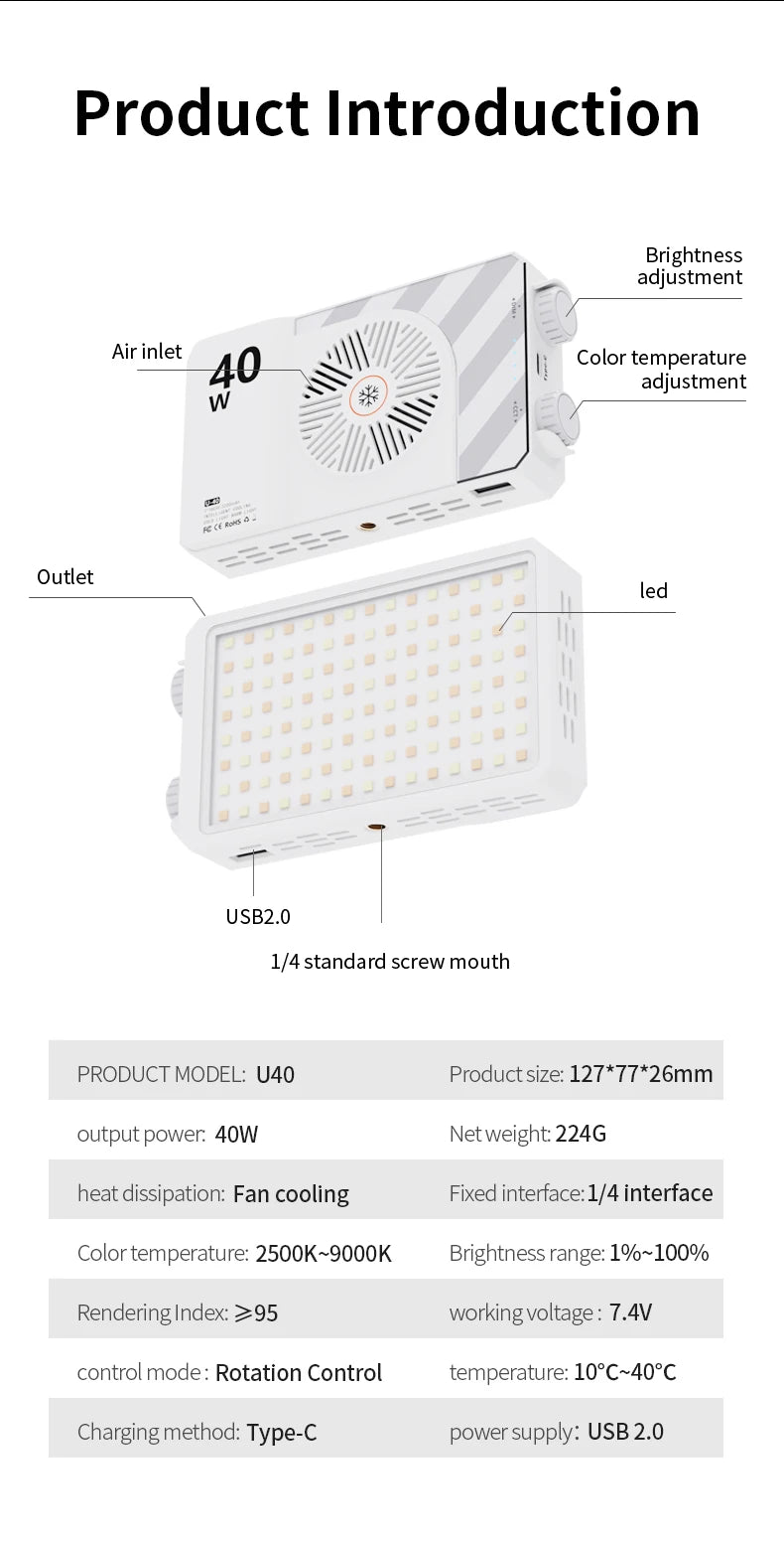 Video light 40W portable camera light CRI 95+ 2500-9000K LED panel digital photography lighting device used for YouTube