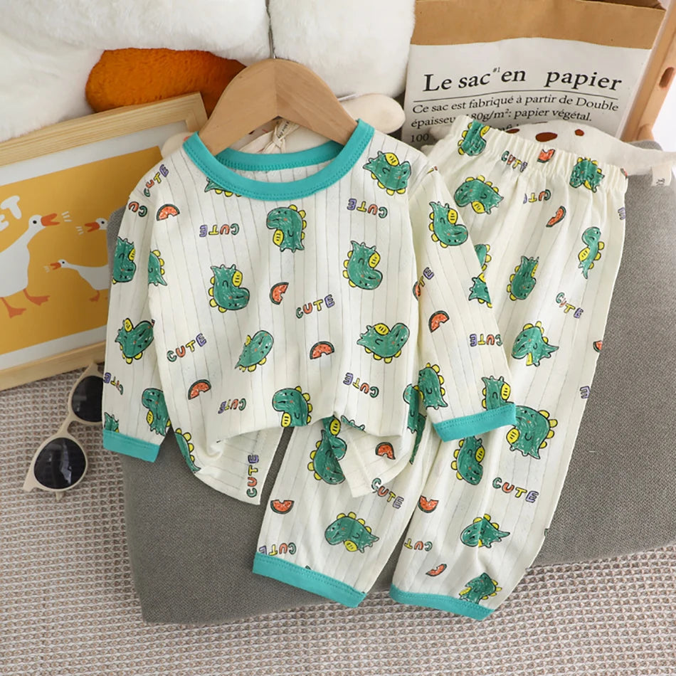 Spring Winter Kids Long Sleeve and Pants Pajamas Set Soft Breathable Baby Sleepwear Cartoon Bear AC Room Wear Boys Girls Clothes