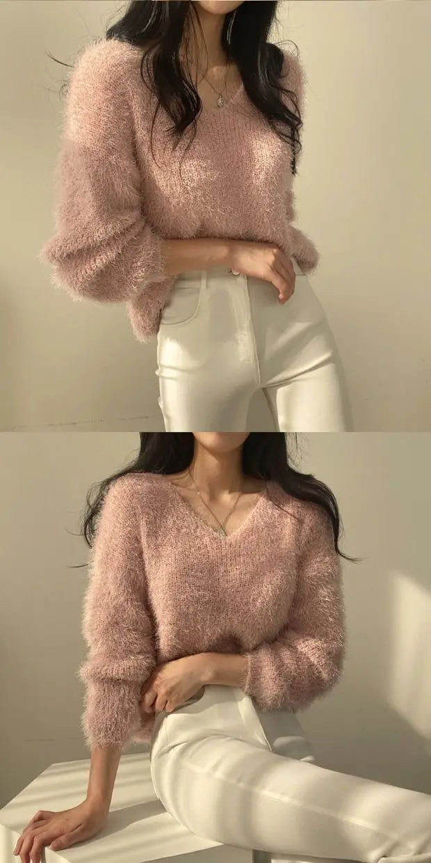 Women's Soft Cozy V-Ne Sweater Autumn Winter Faion Sweet Loose Fit Knitted Top Pink Color Trendy Ladies Sle Long Sve