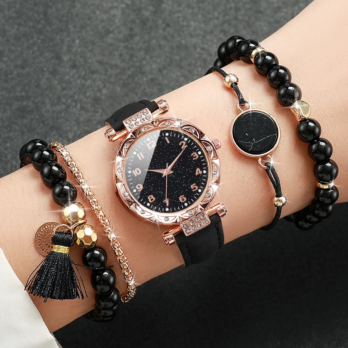 5PCS/Set Women's Watch Fashion Rhinestone Leather Band Quartz Watch Beads Bracelets Set(Without Box)