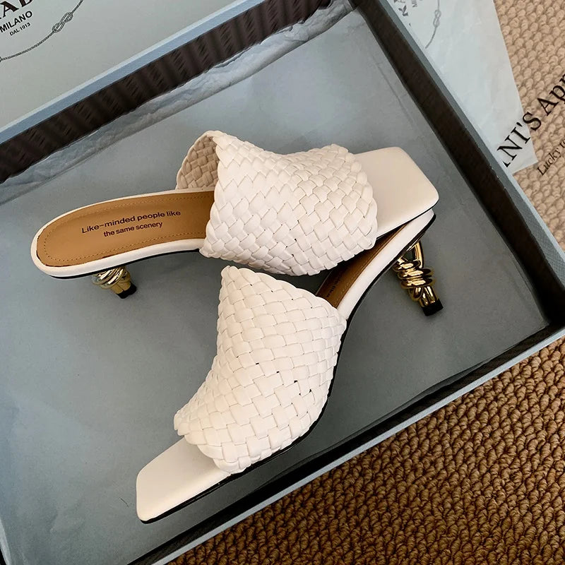 Summer Sandals Women Concise Style Slippers Weave Sandals for Girls Sexy Kitten Heel Elegant Dress Party Wedding  Sandalias
