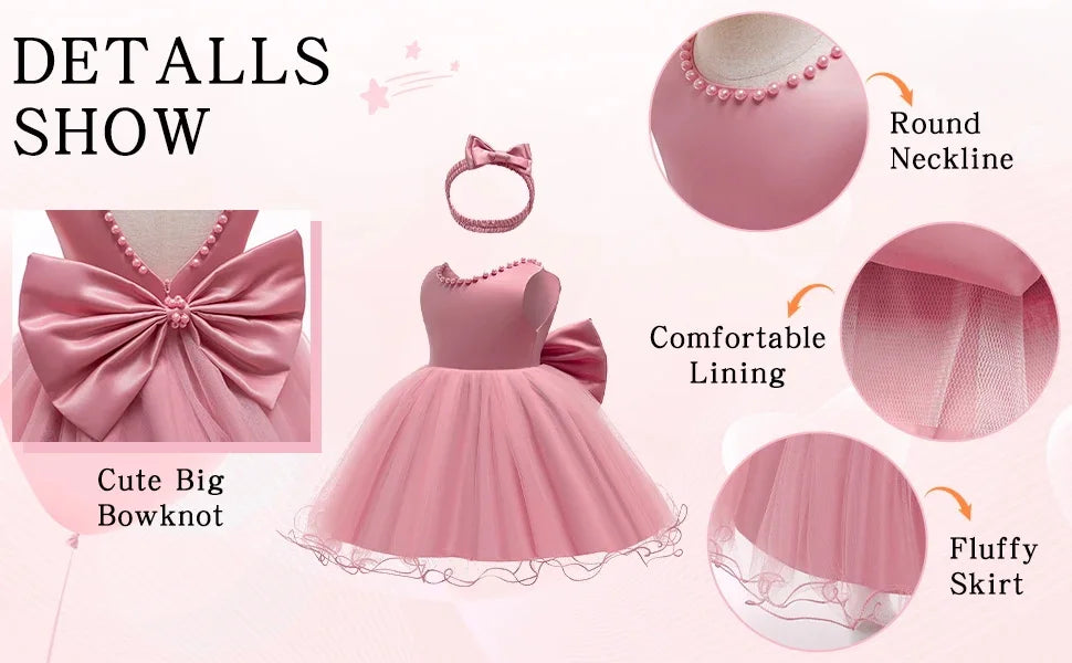 Baby Dresses For 1st Birthday Girls Party Dresses with Headwear Bowknot Toddler Girl Princess Dress Backless Kids Wedding Dress