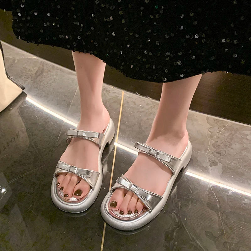 Summer Women Platform Slide Sandals Bow Decor Open Toe Non Slip Soft Sole Casual Shoes for Daily Outdoor Beach Vacation Wear