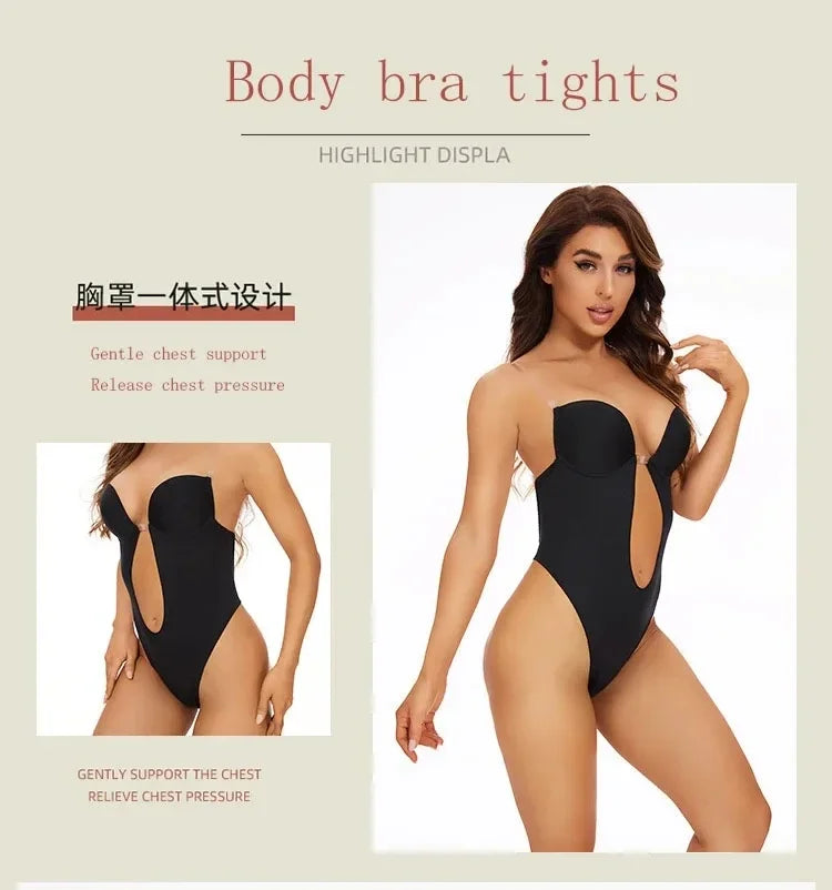 Women Shapers Underwear Backless Bodysuit Shapewear M L XL Deep V-Neck Body U Plunge Clear Strap Padded Push Up Corset