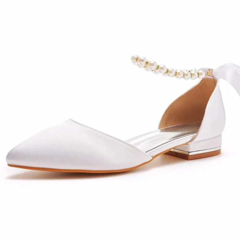 Wedding Shoes Bride Flat Heel Pointed Hollow Sandals Women White Satin Beaded Bride's Wedding Dress Shoes Sandalias De Mujer
