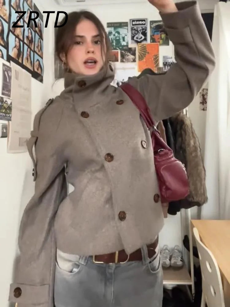 Elegant Women's Short Woolen Coats Stand Collar Double Breasted Long Sleeve Female Jacket 2025 Autumn Winter Lady Warm Outwear