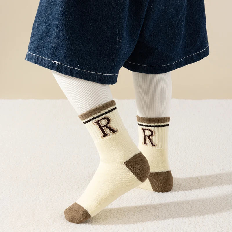 Five pairs of boys' socks for autumn and winter, trendy and versatile alphabet striped looped mid-calf socks
