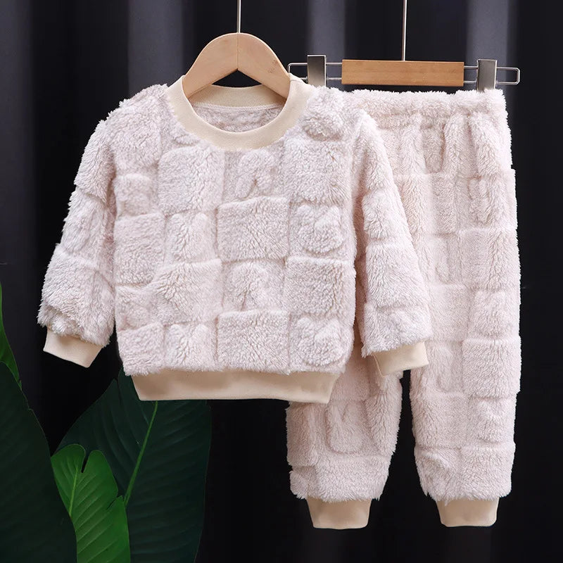 Children's autumn and winter flange pajamas suits Korean version boys plus velvet thick home service girl warm underwear suit
