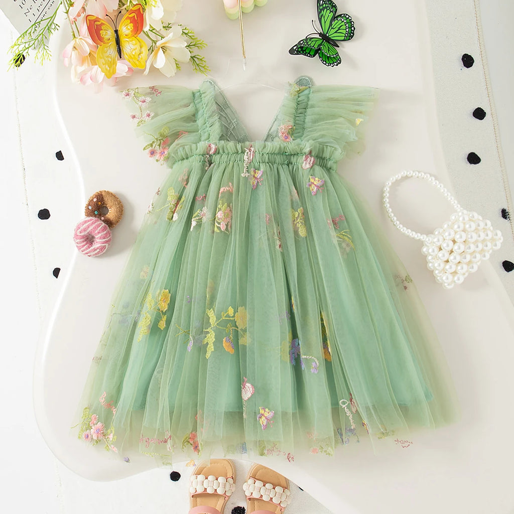 Summer New Sweet Butterfly Wing Baby Girl Princess Dress, Floral Chiffon Wedding Party Children'S Sleeveless Clothes (0-4 Years）
